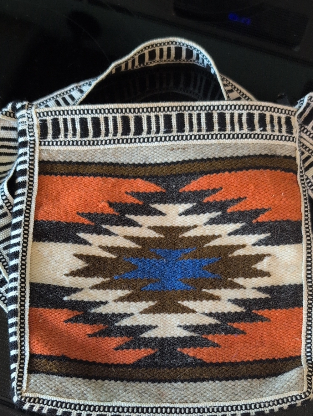 Wool Southwestern Pattern Woven Flat Satchel Bag in Orange, Blue, Brown